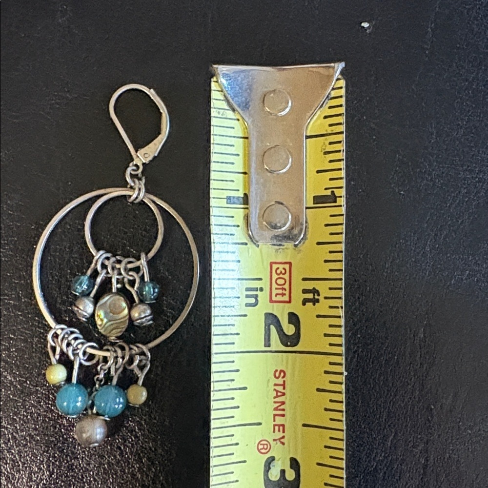 ABALONE SHELL AND BEADED DOUBLE SILVER LOOPED DROP DANGLE LEVERBACK 2.8"EARRINGS - Picture 4 of 10